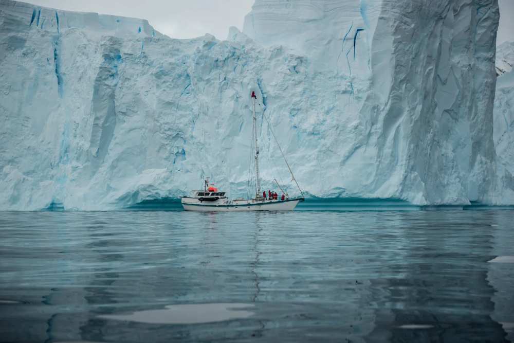 The Australis against the ice cliff.
