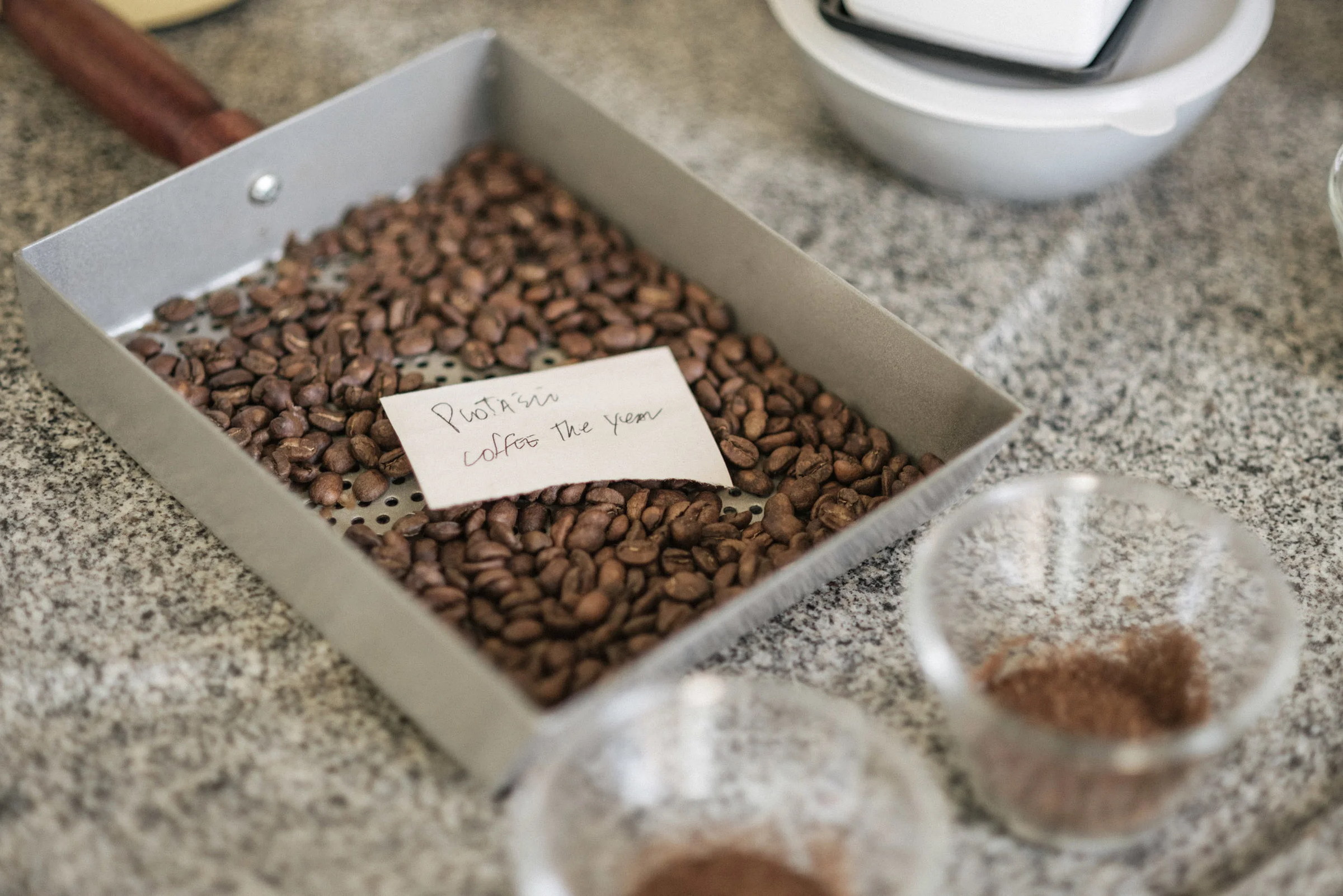Cupping: roasted beans and ground samples.